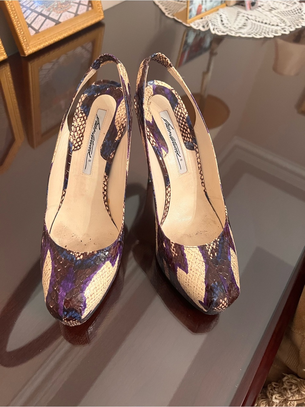 Brian Atwood Purple and Cream Snake-Print Slingback Pumps